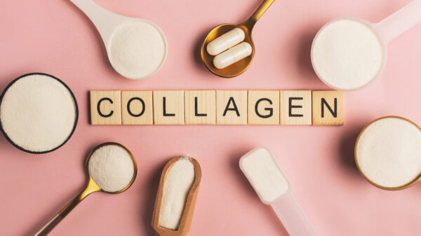 Collagen powder and pills spoons on pink background - Life Pharmacy Blog