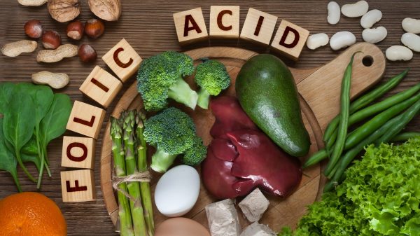Natural sources of folic acid as liver asparagus broccoli eggs salad avocado yeast nuts spinach orange and beans-min