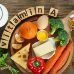 Vitamin A in food" Natural products rich in vitamin A as tangerine, red pepper, parsley leaves, dried apricots, carrots, broccoli, butter, yellow cheese, milk, egg yolk and cod liver oil.